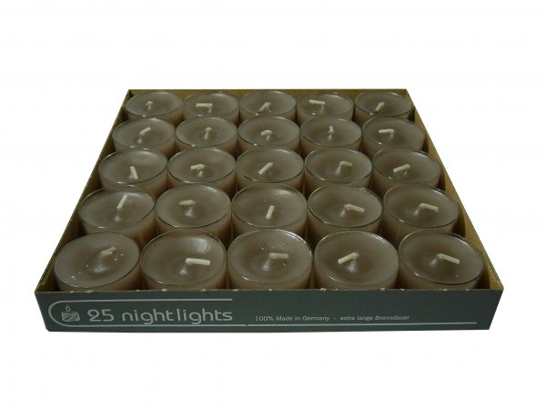 Teelichter in transparenter Hülle, 25er Box, Nightlights, Grau - Stein