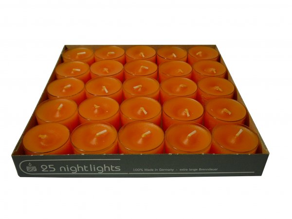 Teelichter in transparenter Hülle, 25er Box, Nightlights, Orange