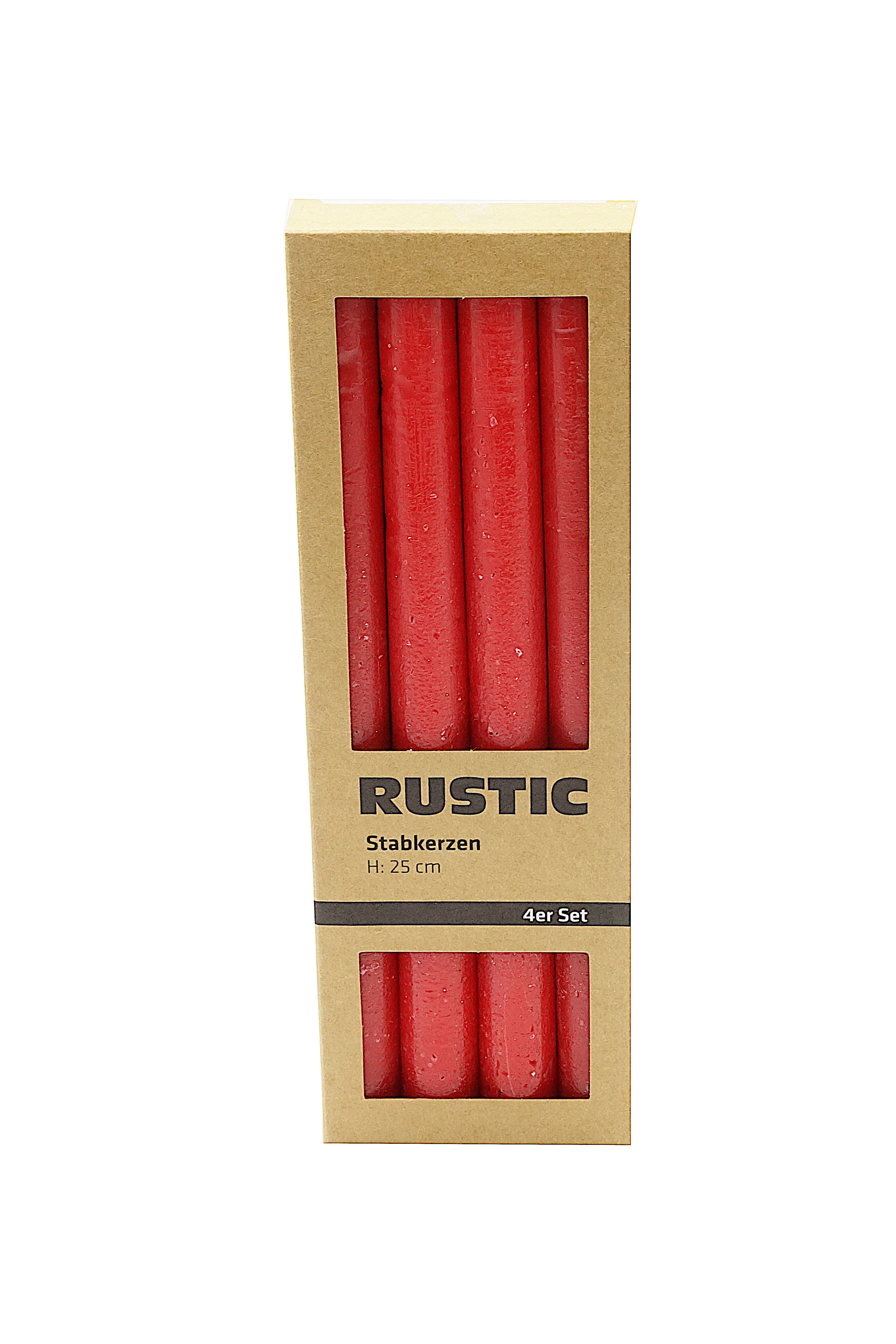 4er-Set Rustik Stabkerzen, 250 x 20 mm, Rot