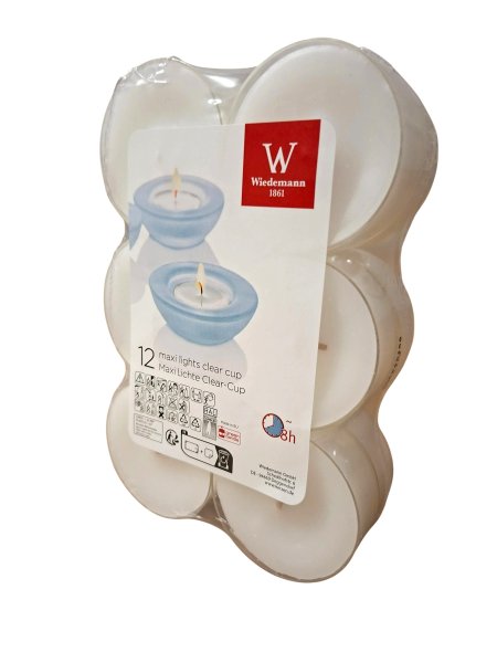 Maxi Teelichter weiß 8h transparenter Cup 12er Flatpack